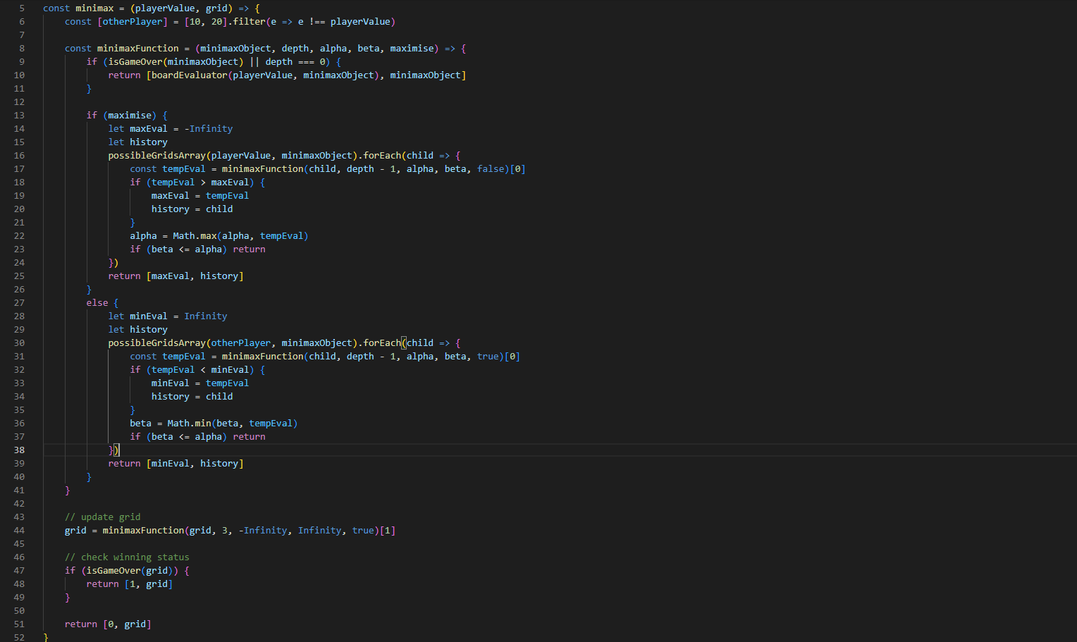 A screenshot of the minimax code